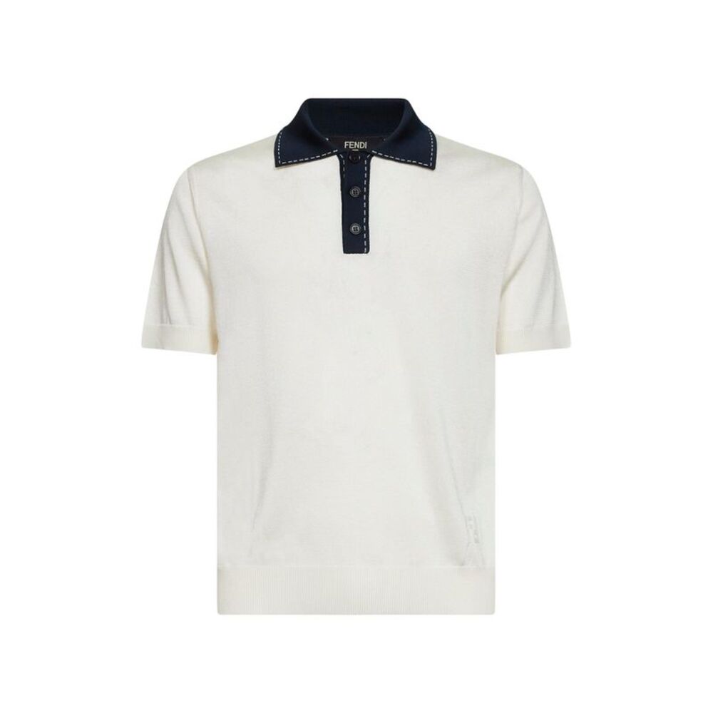 Fendi Men Natural Viscose Knit Polo Shirt With Contrasting Details